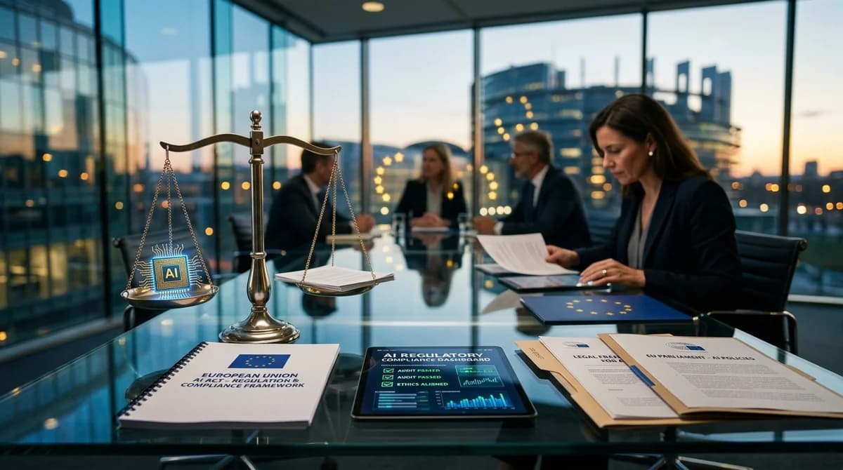 European Union AI regulation compliance conference room with scales of justice and compliance briefs.