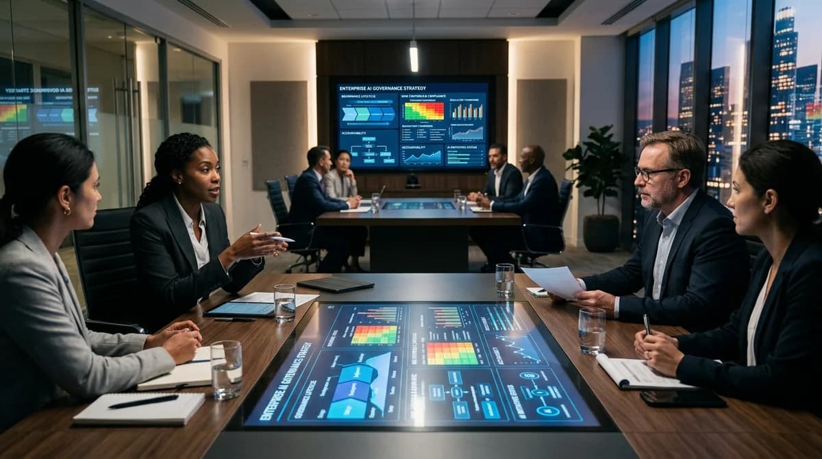 Corporate boardroom with an illuminated digital dashboard displaying enterprise AI governance frameworks.