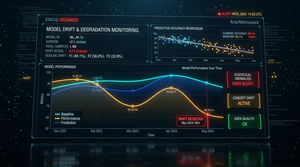 High-tech monitoring dashboard showing machine learning model drift and degradation telemetry.